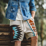 Vintage Navajo Totem Knitted Shorts Casual Embroidery Geometric Beach Short Pants Drawstring Elastic Waist Shorts