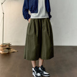 Retro Elastic Waist Green Cargo Culottes Pants