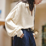 Casual Loose Jacquard V-neck Long Sleeve Shirt