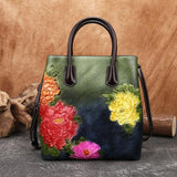 Flane - Retro Floral Embossed Leather Handbag