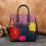 Flane - Retro Floral Embossed Leather Handbag
