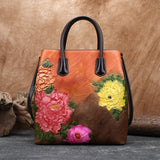 Flane - Retro Floral Embossed Leather Handbag