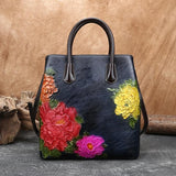 Flane - Retro Floral Embossed Leather Handbag