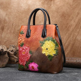 Flane - Retro Floral Embossed Leather Handbag
