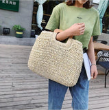 Ladies square wooden handle large capacity straw woven handbag