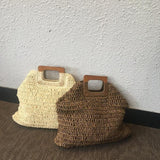 Ladies square wooden handle large capacity straw woven handbag