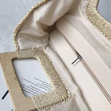 Ladies square wooden handle large capacity straw woven handbag