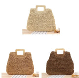 Ladies square wooden handle large capacity straw woven handbag