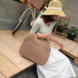 Ladies square wooden handle large capacity straw woven handbag