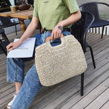 Ladies square wooden handle large capacity straw woven handbag