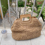 Ladies square wooden handle large capacity straw woven handbag