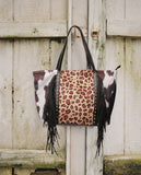 Leopard cow print sunflower sunflower tassel rivet PU super large capacity shoulder bag