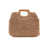 Ladies square wooden handle large capacity straw woven handbag